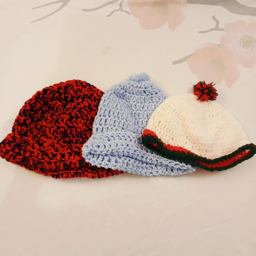 Handmade Crochet Beanie Set - Red, Light Blue & White with Green Trim